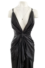 c.1984 John Anthony Black Metallic Lame Jersey Dress w Very Deep Front Plunge & No Back