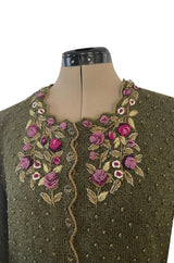 Prettiest 1980s Wolkenstricker Moss Green Colour Hand Knit Cardigan Sweater w Pink Floral Details