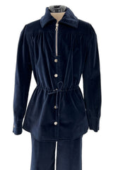 Numbered 1970s Andre Courreges Deep Blue Velvet Zip Jacket & Wide Legged Pant Set