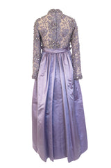 1960s George Halley Couture Lavender Silk Satin Dress w Heavily Detailed Crystal & Rhinestone Bodice
