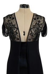 Stunning 1990s Valentino Black Silk Chiffon Dress w Sheer Beaded Net Bodice