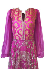 c1969 Thea Porter Couture Gold Brocade & Silver Metal Embroidered Fuchsia Dress