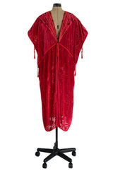 Rare 1977 Thea Porter Couture Documented Cherry Red Fused Velvet Open Front Abaya Caftan