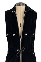 Brilliant 1971 Andre Courreges Black Velvet Jumpsuit w Silver Studs & Zip Front