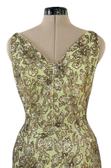 Incredible 1950s Mignon Densely & Heavily Beaded Green Silk Brocade Hourglass Dress