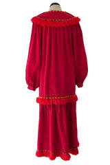 Runway Fall 1977 Yves Saint Laurent Red Wool Smock Dress w Fringe Yarn Detail