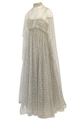 1970s Unlabeled Alfred Bosand Sequin Bodice Dotted Silk Net Dress W Matching Cape Overlay