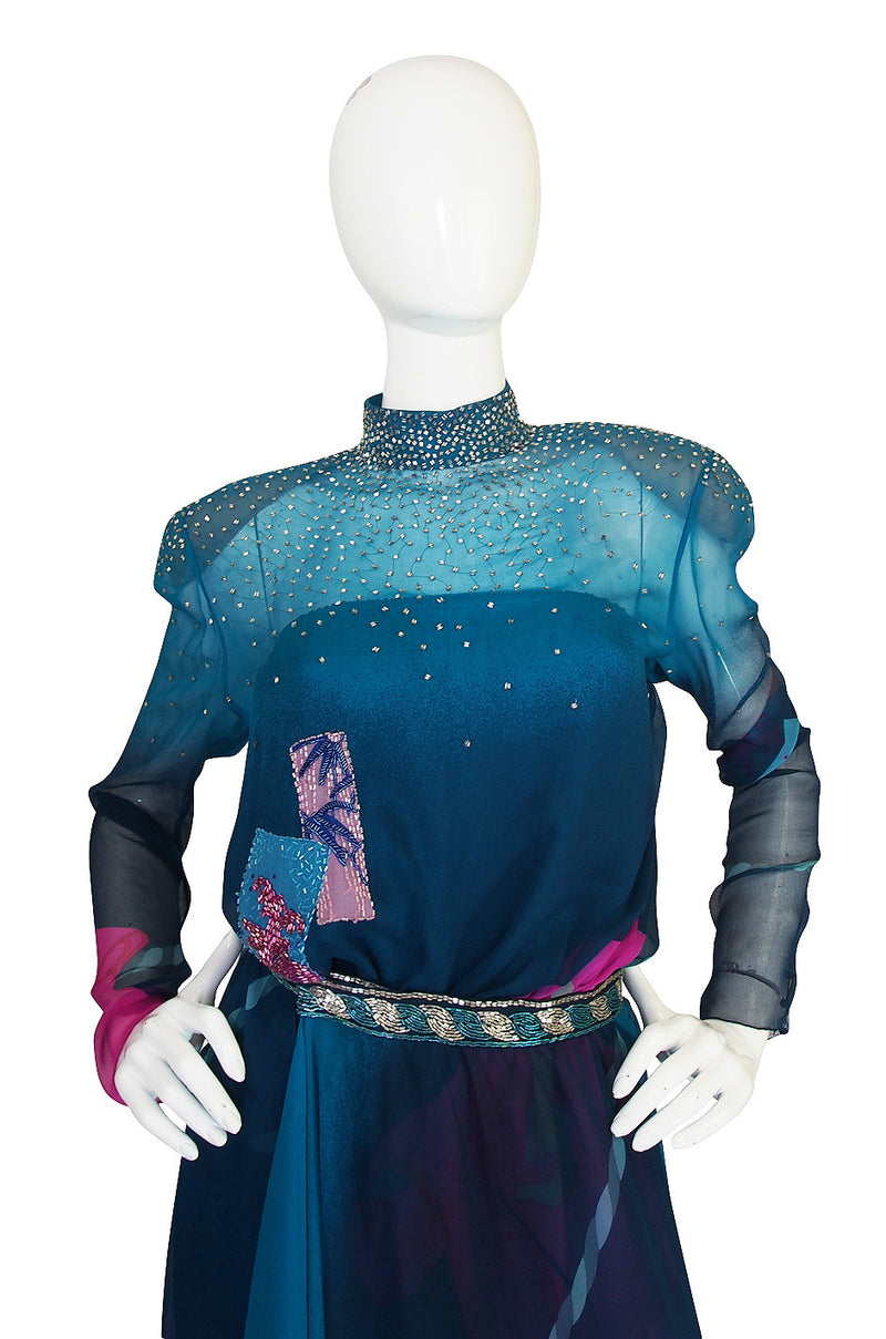 1970s Hanae Mori Couture Beaded Silk Chiffon Dress