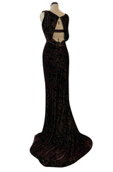 Documented Fall 2004 Richard Tyler Brown Printed Floral Velvet & Beaded Dress w Train & Plunge Back