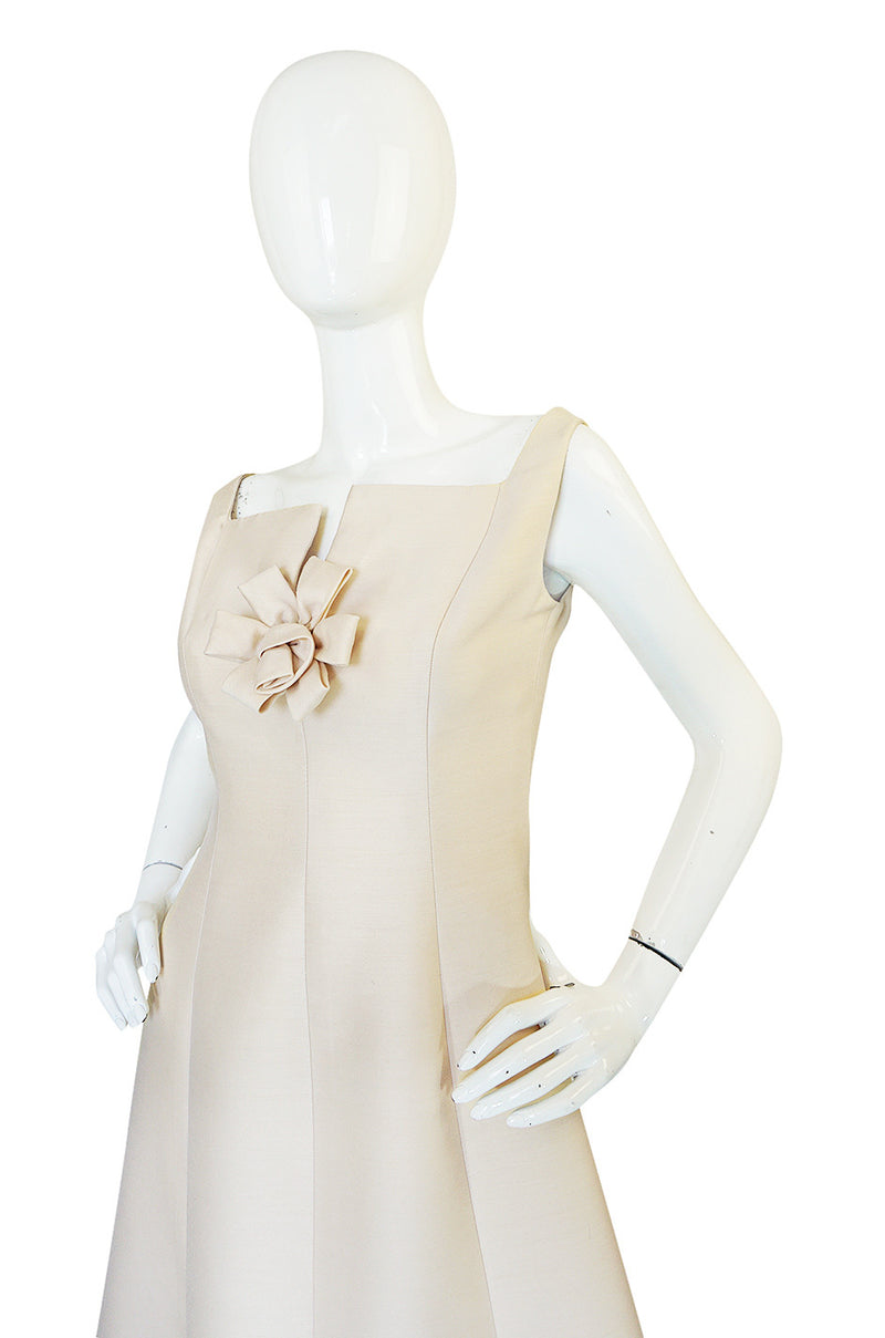 Feminine 1960s Sculptural Cream Silk Teal Traina Dress
