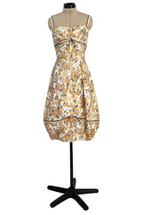 Rare 1960s Jane Derby by Oscar de la Renta Floral Print Dress w Ribbon & Bubble Skirt Detail