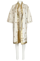 1960s Stavropoulos Gold Embroidered Ivory Silk One Shoulder Dress & Coat