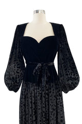 Fall 1986 Yves Saint Laurent Runway Black Patterned Velvet Dress w Sweetheart Neckline