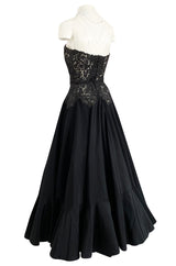 Rare c.1947 Nina Ricci Early Haute Couture Strapless Black Lace & Silk Taffeta Dress