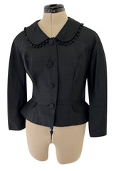 Gorgeous 1950s Unlabeled Black Silk Jacket w Silk Ball Fringe Detailing