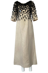 1960s Guy Laroche Haute Couture Embellished Beadwork Ivory Silk Dress