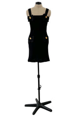 Incredible 1990s Gemma Kahng Black Backless Mini Dress w Bow & Gold Button Detailing