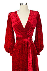 1985 Yves Saint Laurent Red Crushed Velvet Wrap Plunge Dress