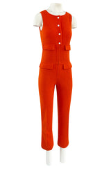 Rare 1970s Courreges Hyperbole Bright Orange Wool Jumpsuit & Matching Cropped Jacket