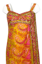 1960s Unlabeled Pink & Gold Sequin Detail Sari Inspired Silk Print Dress