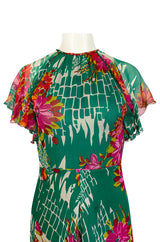 Documented 1973 Scott Barrie Pink & Green Floral Backless Silk Chiffon Dress