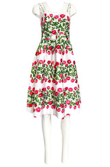 1960s Unlabeled Pink & Green Floral Print on White Cotton Dress
