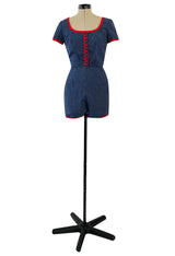Cutest 1970s Oscar De La Renta Denim Look Cotton Playsuit w Red Braid Trim