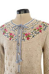 Wonderful 1980s Wolkenstricker Natural Linen Flax Colour Hand Knit Cardigan Sweater w Floral Details