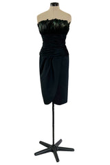 1980s Victor Costa Strapless Jersey Dress w Iridescent Feather Bodice Detail