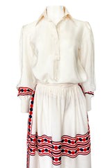 1960s Valentino Two Piece Ivory and Red Striped Silk Skirt & Top Set
