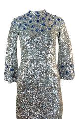c.1967 Gene Shelly Blue Crystal & Silver Sequin Stretch Knit Dress