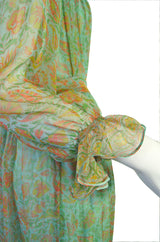 1970s Green Printed Ruffled Silk Chiffon Treacy Lowe Dress