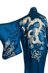 Decadant 1920s Unlabeled Deep Blue Silk Kimono w Hand Embroidered Dragons