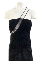 1970s James Galanos Couture Textured Puff Silk One Shoulder Dress w Transparent Lace Inset