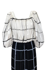 1970s Pauline Trigere Contrasting Black & White Silk Rope Print On or Off Shoulder Dress