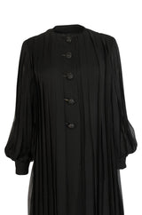 1960s Galanos Domed Rhinestone Button Silk Chiffon Pleat Dress