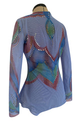 1970s Giorgio Sant Angelo Hand Painted Stretch Blue Net Bodysuit w Gold & Silver Accents