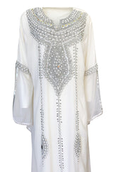 1970s Elaborate Silver, Pearl & Bead Covered Jeweled White Chiffon Caftan Dress