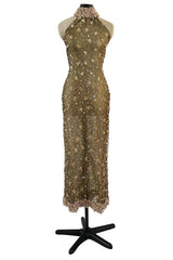 Incredible 1990s John Anthony Couture Gold Lame Mesh Beaded Dress w Beaded Choker