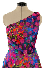 Prettiest 1970s Bergdorf Goodman One Shoulder Silk Brocade Woven Pink Rose Dress