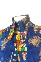1960s Rare Blue Floral Print Silk Jeff Banks Button Shirt