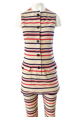 1970s Givenchy Taupe Red and Blue Striped Knit Jersey Pant & Top Set