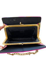 1960s Emilio Pucci Vivid Pink Multi Color Silk Evening Bag w Gold Chains
