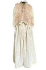 Incredible 1970s Mollie Parnis Ivory Silk Moire Halter Dress w Matching Feather Trim Jacket