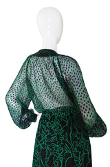 1980s Green Print Chanel Silk Top & Skirt