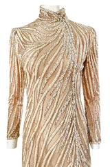 1980s Bob Mackie Ivory Sequin & Nude Stretch Net High Slit Dress