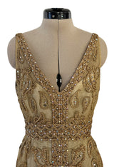 Incredible 1960s Malcolm Starr Gold Metal Net Dress w Metal Cording & Rhinestones