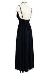1970s Frank Usher Black Jersey Maxi Dress w Deep Front Plunge & No Back