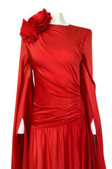 Rare 1970s Nina Ricci Haute Couture Trailing Angel Wing Sleeve Red Silk Dress