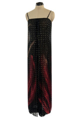 1970s Pauline Trigere Metallic Gold Thread on Pritned Silk Chiffon Dress & Sash